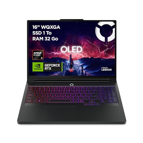 Lenovo Legion Pro 7 16AFR10H - Ordinateur Portable Gaming 16'' OLED 240Hz (AMD Ryzen 9 9955HX3D, RAM 32Go, SSD 1To, NVIDIA RTX 5080 16GB, Windows 11) Clavier rétroéclairé RGB AZERTY Français - Noir