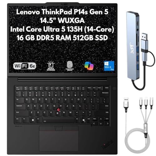 Lenovo ThinkPad P14s Gen 5 Station de travail mobile, 14,5 WUXGA (1920 x 1200), Intel 14-Core Ultra 5 135H (Beats i7-13700H), 16 Go de RAM DDR5, 512 Go SSD Gen4, FPReader, RJ45, Wi-Fi 6E, IR Cam
