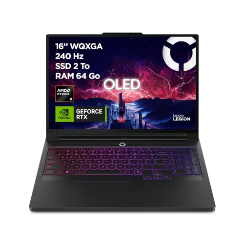 Lenovo Legion Pro 7 16AFR10H - Ordinateur Portable Gaming 16'' OLED (AMD Ryzen 9 9955HX3D, RAM 64Go, SSD 2To, NVIDIA RTX 5080 16GB) Clavier RGB rétroéclairé AZERTY Français - Noir Eclipse