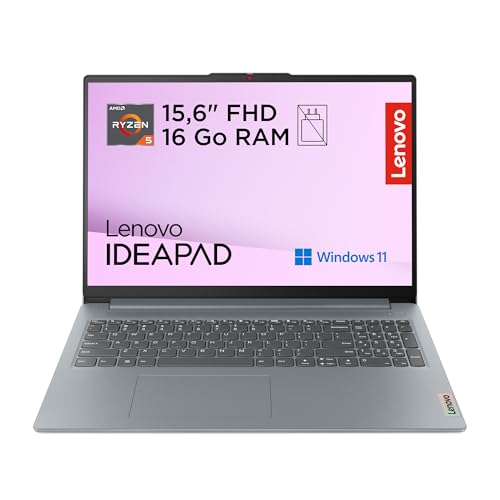 Lenovo IdeaPad Slim 3 15AMN8 - Ordinateur Portable 15.6'' FHD (AMD Ryzen 5 40, RAM 16Go, SSD 512Go, AMD Radeon 610M Graphics, Windows 11 Home) Clavier AZERTY Français Non rétroéclairé - Gris