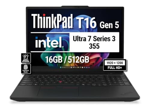 Lenovo ThinkPad T16 Gen 5 21WT0068US AI Business Laptop WUXGA FHD Display, Intel Ultra 7 Series 3 355, 16 Go DDR5 RAM, 512 Go SSD, clavier rétroéclairé, WiFi 7 BT, RJ-45, HDMI, Windows 11 Pro