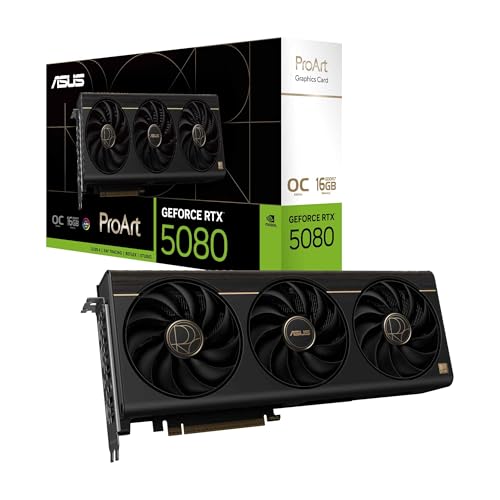 ASUS ProArt GeForce RTX 5080 OC Edition Carte Graphique (PCIe 5.0, 16 Go GDDR7, USB Type-C, HDMI DP 2.1, Fente 2,5, Ventilateurs axiaux, Chambre de Vapeur, Pad Thermique GPU à Changement de Phase)