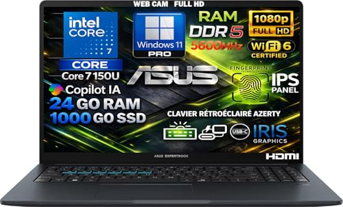 ASUS Ordinateur Portable Intel Core i7 14ᵉ Gén 5.4 GHz 10 Cœurs, RAM 24Go DDR5, SSD 1To, Écran 15.6 FHD IPS, WiFi6E, Copilot IA, CAM 1080p, Clavier AZERTY Rétroéclairé, Empreinte Digitale, Win 11 Pro