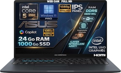 ASUS Ordinateur Portable, Intel Core i5 210H 14ᵉ Gén 4.8 GHz, RAM 24Go DDR5, SSD 1To, Écran 15.6 FHD IPS, WiFi6E, Copilot IA, CAM 1080p, Clavier AZERTY Rétroéclairé, Empreinte Digitale, Win11 Pro