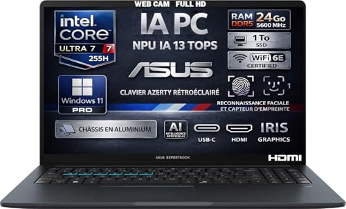 ASUS Ordinateur Portable IA, Intel Ultra 7 255H 16 Cœurs, RAM 24Go DDR5, SSD 1To, Écran 16 FHD, WiFi6E, Reconnaissance Faciale, Aluminium, Empreinte Digitale, Clavier AZERTY Rétroéclairé, Win11 Pro