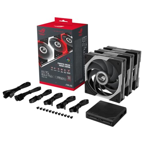 ASUS ROG Eurux GR120 ARGB PWM Lot de 3 ventilateurs PWM de 120 mm, 2600 tr min, chaîne en marguerite brevetée, éclairage personnalisé, moyeu de ventilateur