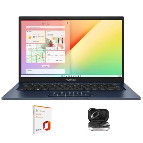 ASUS Vivobook Ordinateur portable 14 , FHD de 14 , Intel Core 5 120U, 16 Go de RAM 512 Go SSD, pavé numérique Office 19 à vie et offre groupée, Windows 11 Pro, bleu silencieux