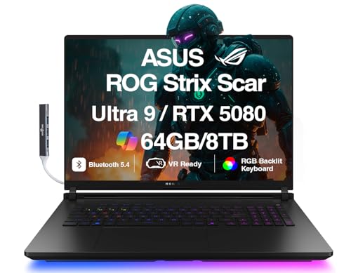 ASUS ROG Strix Scar AI Gaming Ordinateur portable 18 240 Hz Mini écran LED WQXGA (Intel Ultra 9-275HX, GeForce RTX 5080 16 Go, 64 Go DDR5, 8 To PCIe SSD, RGB KB, Win 11 Pro) avec extension de port