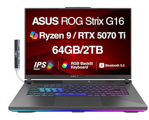 ASUS ROG Strix G16 G614 AI Ordinateur portable de jeu 16 165 Hz IPS WUXGA (AMD Ryzen 9 8940HX, GeForce RTX 5070 Ti 12 Go, 64 Go DDR5, 2 To PCIe SSD, RGB KB, Win 11 Pro) avec concentrateur USB DKZ