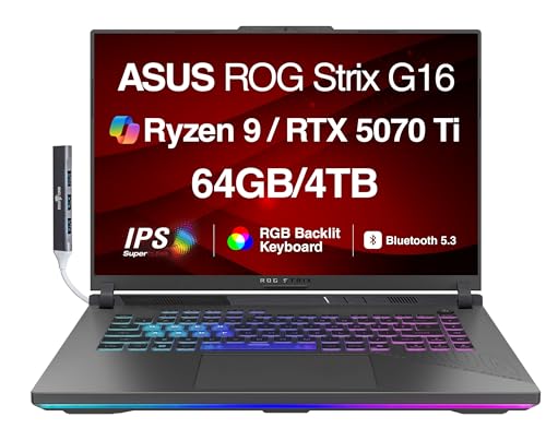 ASUS ROG Strix G16 G614 AI Ordinateur portable de jeu 16 165 Hz IPS WUXGA (AMD Ryzen 9 8940HX, GeForce RTX 5070 Ti 12 Go, 64 Go DDR5, 4 To PCIe SSD, RGB KB, Win 11 Home) avec concentrateur USB DKZ