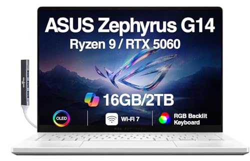 ASUS ROG Zephyrus G14 AI Ordinateur portable de jeu 14 ROG Nebula OLED 2,8K 500 nits (AMD Ryzen 9 270, GeForce RTX 5060 8 Go, 16 Go LPDDR5X, 2 To SSD, RGB KYB, WiFi 7, Win 11 Home) avec extension de