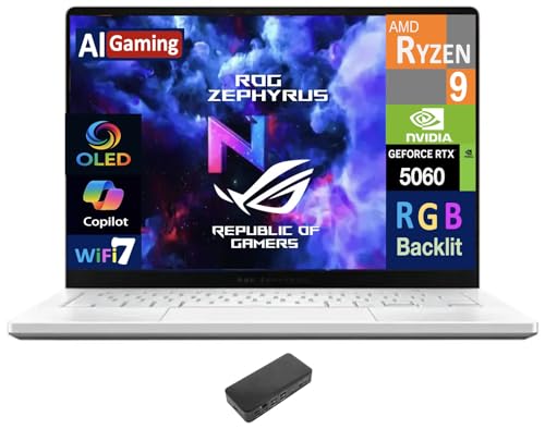 ASUS ROG Zephyrus AI Ordinateur portable de jeu 14 120 Hz OLED 2,8K (AMD Ryzen 9 270, GeForce RTX 5060 8 Go, 16 Go LPDDR5X, 2 To PCIe SSD, RGB KB, WiFi 7, Webcam, Win 11 Pro) avec station d'accueil