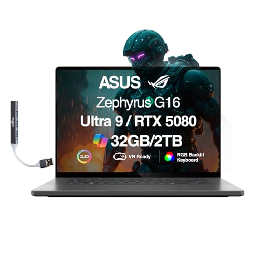 ASUS ROG Zephyrus G16 AI Ordinateur portable de jeu 16 avec écran OLED FHD (Intel Ultra 9-285H, GeForce RTX 5080 16 Go, 32 Go LPDDR5X, 2 To SSD, RGB KB, Wi-Fi 7, BT 5.4, Win11Pro) avec extension de