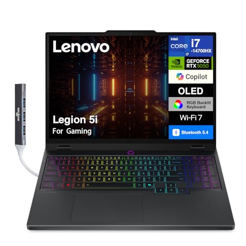 Lenovo Legion 5i Ordinateur portable de jeu alimenté par l'IA 15 165 Hz OLED 2,5K 500 nits (Intel i7-14700HX, GeForce RTX 5050 8 Go, 32 Go DDR5, SSD M.2 PCIe 1 To, 24 zones RGB KB, Win 11 Pro) avec