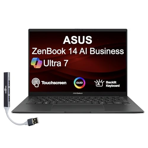 ASUS Zenbook 14 AI Business Ordinateur portable tactile OLED WUXGA de 14 (Intel Ultra 7-255H, 16 Go LPDDR5X, 512 Go SSD, Intel Arc, KB rétroéclairé, 2 Thunderbolt 4, Win 11 Home) avec extenseur de