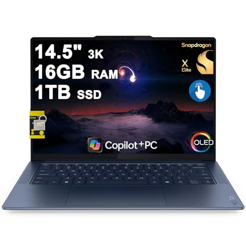 Lenovo Yoga Slim 7 Ordinateur portable 14,5 3K OLED Touch (100 DCI-P3 1000 nits HDR Peak) Qualcomm Snapdragon X Elite 12 cœurs (jusqu'à 45 Tops) 16 Go de RAM 1 To SSD pour Designer Business Work