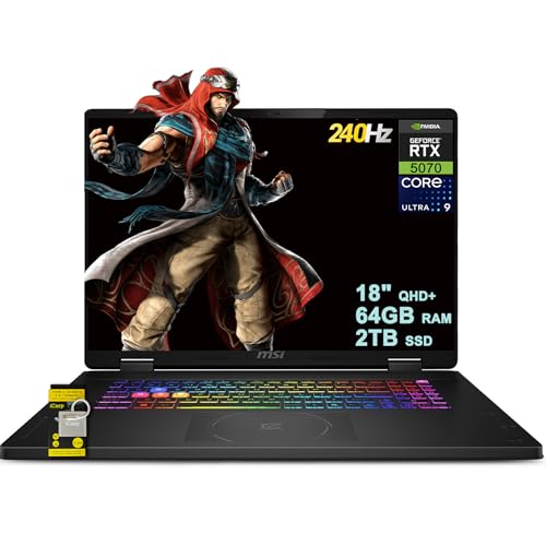MSI Crosshair 18 HX AI Gaming Laptop 18 QHD 240Hz (100 DCI-P3) Intel 24-core Ultra 9 275HX ( i9-14900HX) 64 Go DDR5 2 To SSD GeForce RTX 5070 (jusqu'à 798 AI TOPS) RGB Backlit Thunderbolt Win. 11
