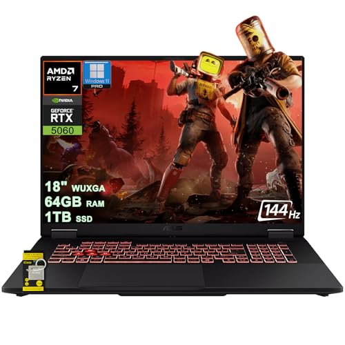 ASUS TUF Gaming A18 AI Ordinateur portable 18 WUXGA IPS 144 Hz (100 sRGB, GSYNC) AMD 8-core Ryzen 7 260 64 Go de RAM 1 To SSD GeForce RTX 5060 GDDR7 DLSS4 (jusqu'à 572 AI Tops) RGB rétroéclairé