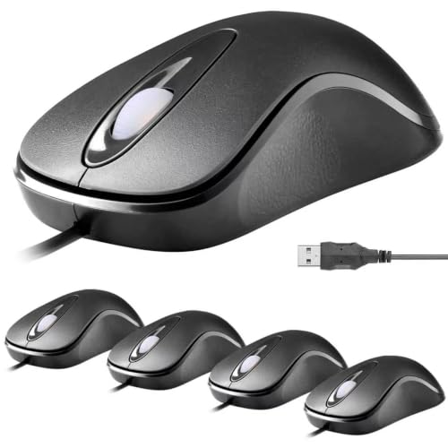 Mofkirg Lot de 5 souris de bureau classiques filaires ergonomiques USB optiques 3 boutons 1000 DPI confortables et durables pour Windows Mac ordinateur portable de bureau Noir