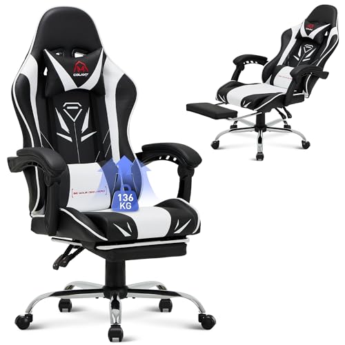 COLAMY Chaise Gamer, Chaise d'ordinateur avec Repose-Pieds et Soutien Lombaire, Chaise de Gaming réglable en Hauteur avec Assise pivotante à 360° et Appui-tête, Chaise PC pour Joueur, Blanc