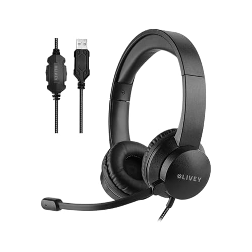 Livey Audixa 320DU Casque filaire USB avec son stéréo | Microphone à réduction du bruit, casque supra-auriculaire | Casque professionnel avec câble USB tressé pour PC