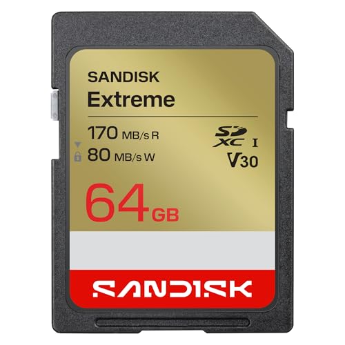 SANDISK Extreme Carte SD UHS-I 64 Go (Jusqu’à 170 Mo s en Lecture et 80 Mo s en écriture, vidéo 4K UHD, U3, V30) SANDISK Memory Zone App