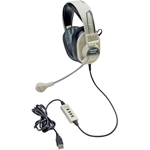 Califone 3066-USB Deluxe Casque stéréo multimédia avec prise USB, microphone omnidirectionnel flexible, réduction du bruit ambiant, contrôle du volume en ligne, lot de 30
