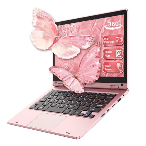 11,6'' Ordinateur Portable Tactile Pliable à 360°, Laptop Celeron N4020, 6Go RAM 128Go SSD, WiFi (2,4G 5G), Bluetooth, 1366 x 768 IPS, Webcam, PC Portable sur Mesure pour Les Professionnels - Rose