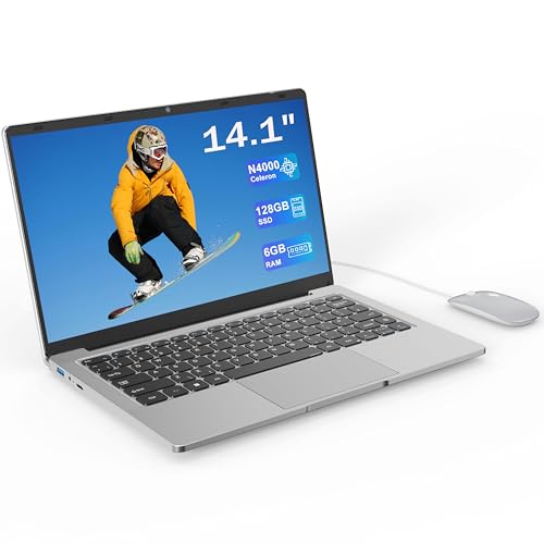 Ordinateur Portable 14,1 HD, 6 Go RAM, SSD 128 Go, Processeur Double Cœur, Wi‑Fi 2,4G 5G  Bluetooth, Design Silencieux Sans Ventilateur, PC Portable Léger avec Souris Offerte  Clavier Confortable
