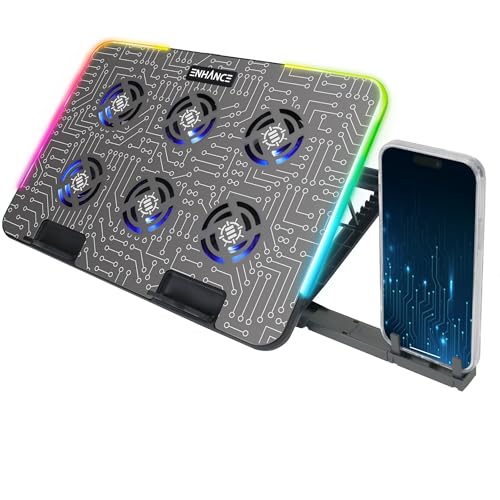 ENHANCE Gaming Voltaic 2 Support de Refroidissement – 6 Ventilateurs LED Bleu, 7 Hauteurs Réglables, Eclairage RVB – Support avec Porte-Téléphone, 2 Ports USB pour Ordinateur Portable 17 Pouces