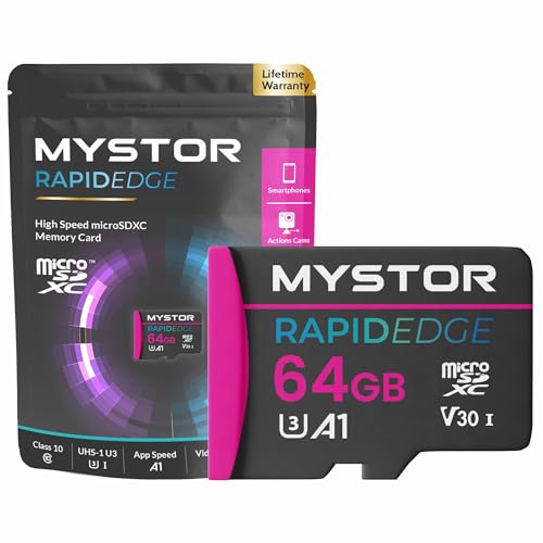 Mystor Carte mémoire Micro SD pour Samsung A13, A23, A33, A12, A22, A32, A11, A21, A31, A41, A51, A52, A53 Carte Micro SD pour téléphone Samsung Classe 10 UHS-1 U3 V30 (64 Go MicroSD RapidEdge)