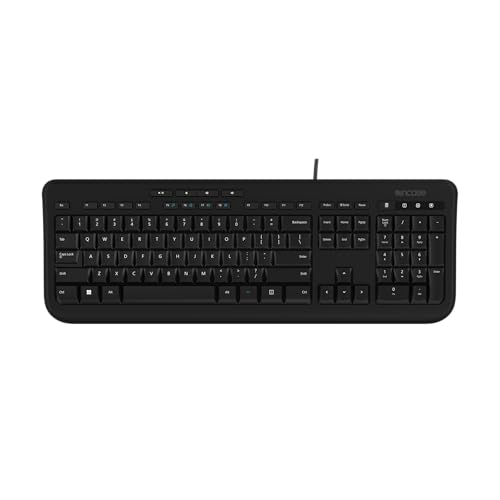Incase Clavier filaire 600 – Conçu par Microsoft – Résistant aux éclaboussures, touches tactiles silencieuses, Plug and Play, 4 touches de raccourci, touche de démarrage Windows – Noir