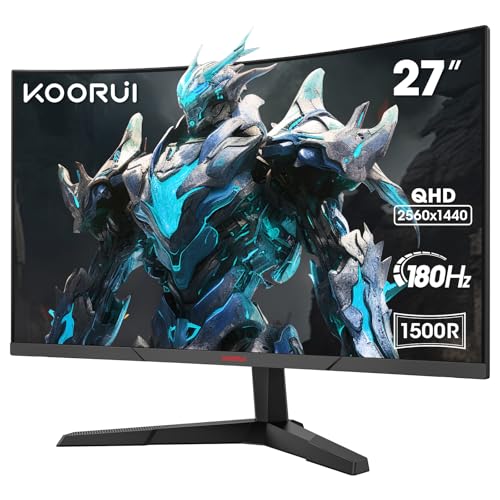 KOORUI 27'' Ecran PC Gaming Incurvé 1500R, Moniteur PC Dalle VA, Résolution QHD (2560X1440), 180HZ,1MS, DCI-P3 85 , Lunette Ultra-Mince, Inclinaison réglable, Prend en Charge HDMI DP
