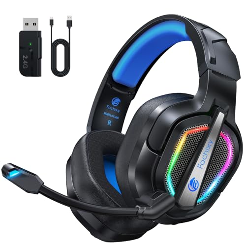 Fachixy FC200 Casque Gaming sans Fil, 2.4GHz Casque Bluetooth sans Fil avec Micro pour PS5, PS4, PC, Switch, Mac, Mobile, Casque Gaming Pliable avec Son Stéréo et Éclairage LED, Batterie de 50h