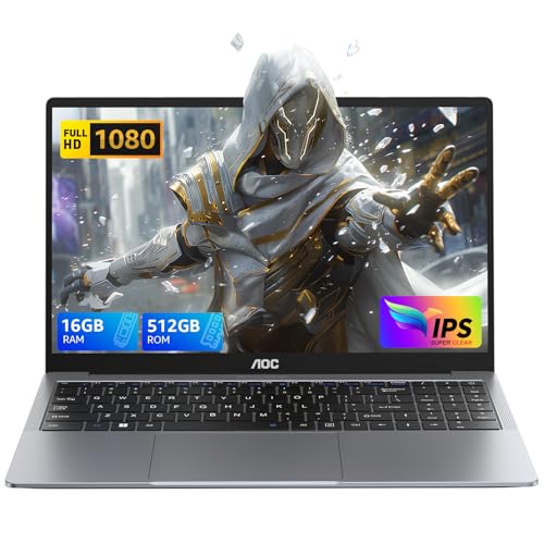 AOC 2025 AX15 Ordinateur Portable, Boîtier Métallique d'un PC Portable, 15,6 Pouces FHD 16 Go de DDR4 512 Go de SSD,N97 (6M Cache, Jusqu'à 3,60 GHz), Wi-FI2.4 5.0, BT5.0, USB 3,2, Type C, HDMI