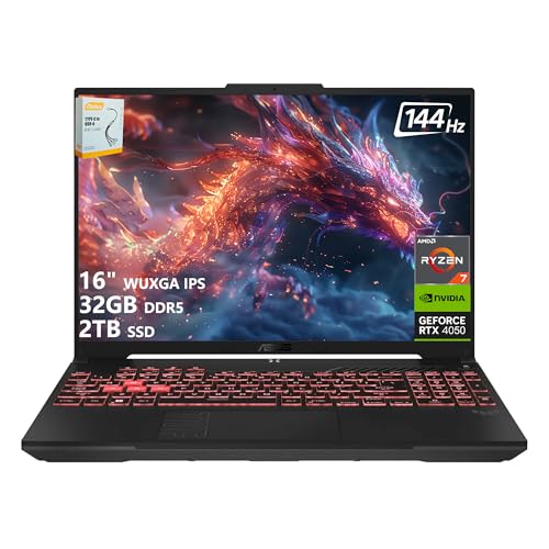ASUS Ordinateur portable de jeu TUF A16 | WUXGA IPS 16 144 Hz | AMD 6-Core Ryzen 7 7445HS | 32 Go DDR5 2 To SSD | NVIDIA GeForce RTX 4050 (194 AI Tops) | Clavier rétroéclairé USB 4 Wi-Fi 6 Win11 avec