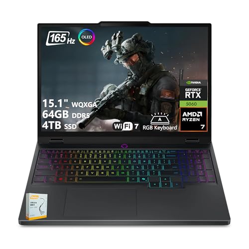 Lenovo Legion 5 Ordinateur portable de jeu alimenté par l'IA | WQXGA OLED 15 po 165 Hz | AMD Ryzen 7 260 | 64 Go DDR5 4 To SSD | GeForce RTX 5060 8 Go (jusqu'à 572 AI Tops) | Wi-Fi 7 Win11