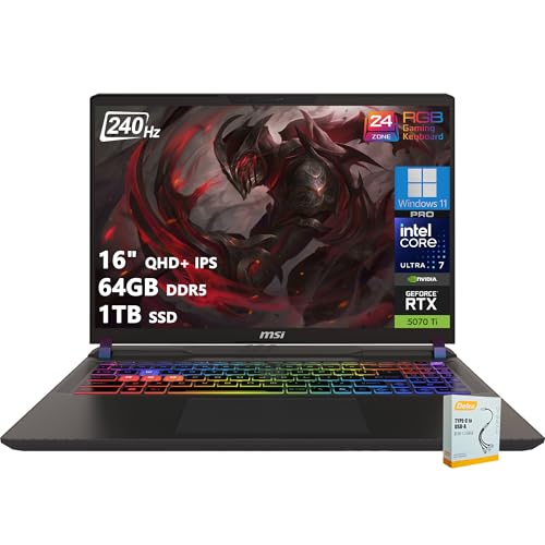 msi Vector 16 HX AI Ordinateur portable de jeu | 16 QHD IPS 240 Hz | Intel Core Ultra 7 255HX | 64 Go DDR5 1 To SSD | GeForce RTX 5070 Ti (jusqu'à 992 AI Tops) | Thunderbolt 5 Win11 Pro avec