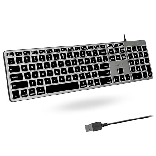 Macally Clavier Mac rétroéclairé – Silencieux, élégant et fonctionnel – 3 niveaux de luminosité, 107 touches, câble USB de 1,5 m – Clavier Apple – Rétroéclairé filaire pour Mac, iMac, MacBook Pro Air