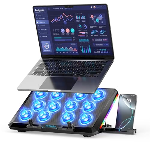Trullypine - Refroidisseur PC Ordinateur Portable - 12 Ventilateurs Silencieux - 5 Hauteurs réglables - Ergonomique - Compatible 12'' à 17.3'' (Engrenage)