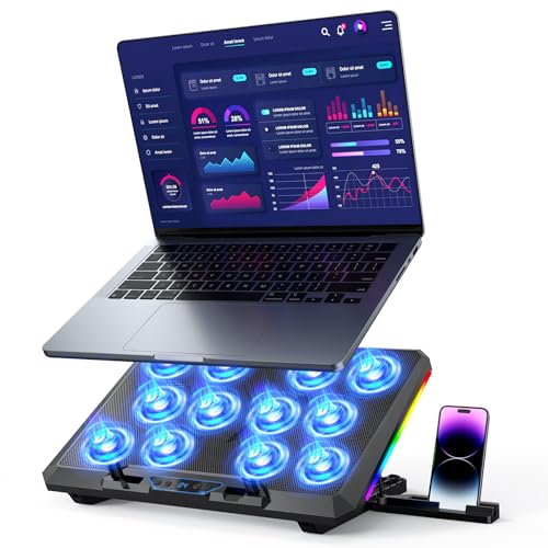 Trullypine - Refroidisseur PC Ordinateur Portable - 12 Ventilateurs Silencieux - 5 Hauteurs réglables - Ergonomique - Compatible 12'' à 17.3'' (LCD)