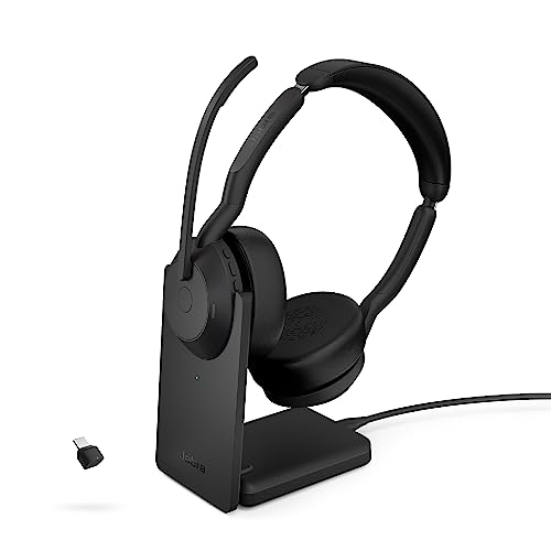 Jabra Evolve2 55 Casque stéréo sans fil – Support de charge, technologie AirComfort, micros antibruit et suppression active du bruit – Fonctionne avec les plateformes UC telles que Zoom et Google Meet