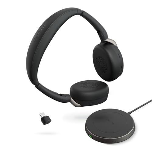 Jabra Evolve2 65 Flex Casque stéréo avec Bluetooth, tapis de chargement sans fil – Technologie ClearVoice antibruit et suppression active du bruit hybride – Certifié pour les équipes Microsoft – Noir