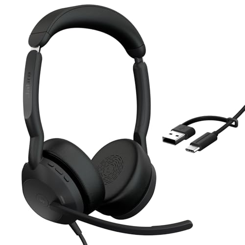 Jabra Evolve2 50 Casque Filaire Double Oreille – Casque antibruit Bluetooth pour Travailler avec des Microphones antibruit, Fonctionne avec Les Plateformes de réunion en Ligne comme Zoom et Google