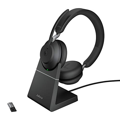 Jabra Evolve2 65 Casque Bluetooth sans fil avec micro pour appels et musique, casque double oreille avec adaptateur USB-A et support de charge, jusqu'à 37 heures de batterie, fonctionne avec Microsoft