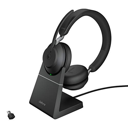 Jabra Evolve2 65 Casque Bluetooth sans fil avec micro pour appels et musique, casque double oreille avec adaptateur USB-C et support de charge, jusqu'à 37 heures de batterie, fonctionne avec Microsoft