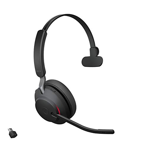 Jabra Evolve2 65 Casque Bluetooth sans fil avec micro pour appels et musique, casque mono-auriculaire avec adaptateur USB-C, jusqu'à 37 heures de batterie, fonctionne avec les applications de réunion