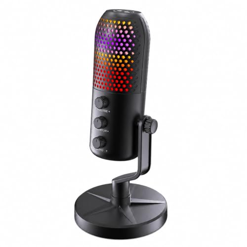 SINWE Microphone de jeu avec suppression du bruit et contrôle du gain - Micro USB PC pour streaming, jeux, podcasts, PC, PS4 - Comprend un silencieux rapide et un éclairage RVB