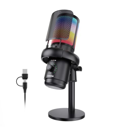 SINWE Microphone de jeu avec suppression du bruit basée sur l'IA et contrôle du gain - Micro USB PC pour streaming, jeux, podcasts, PC, PS4 - Comprend un sourdine rapide et un éclairage RVB