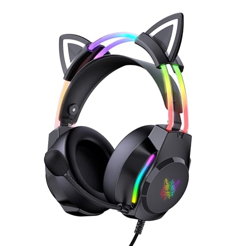 ONITOON Casque de Jeu avec Oreilles de Chat, rétroéclairage RVB pour PC PS4 PS5 XBOX Switch avec Micro antibruit - Son Surround virtuel 7.1, Design léger et Bandeau à réglage Automatique, Noir